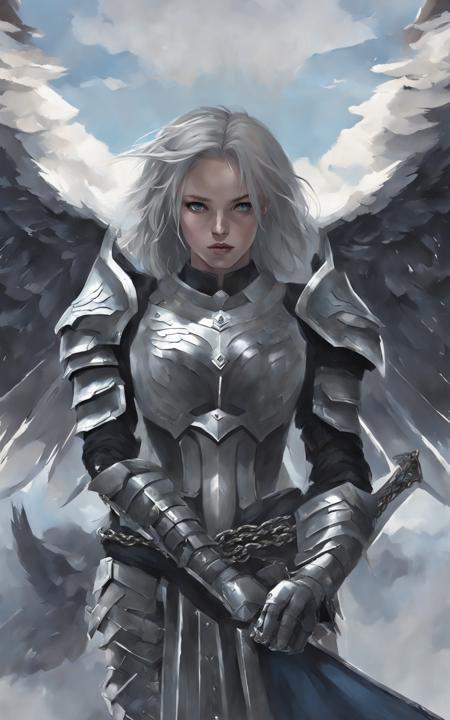 impasto, wlop, 1girl, solo, wings, long hair, armor, weapon, halo, holding, blue eyes, angel, angel wings, cloud, feathered wings, looking at viewer, lips, from below, arm up, jewelry, gauntlets, shoulder armor, cloudy sky, breastplate, holding weapon, sky, sword, grey eyes, skirt, necklace, pauldrons, chain, long skirt, standing, dress, parted lips, grey hair, armored dress, blonde hair, outdoors, belt, gloves, open mouth, looking down, black wings, white hair, masterpiece, best quality,