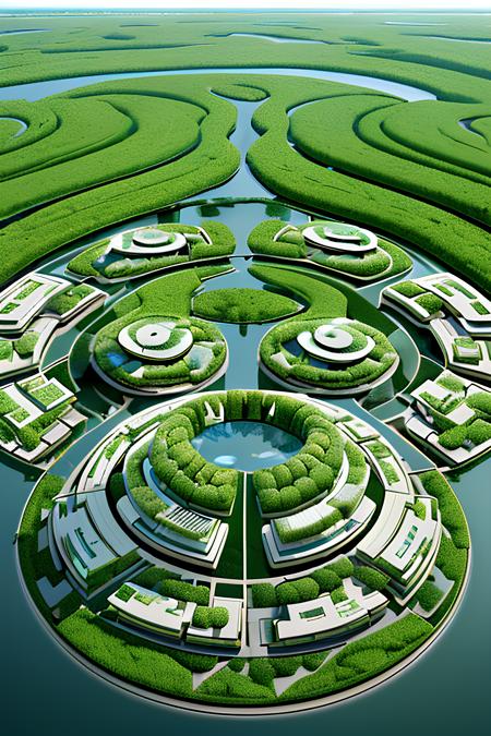 Yann Arthus-Bertrand Nature-inspired community-oriented urban planning of sustainable futuristic city, Eco-friendly design of biomorphic buildings, good quality of life with Zero-carbon footprint