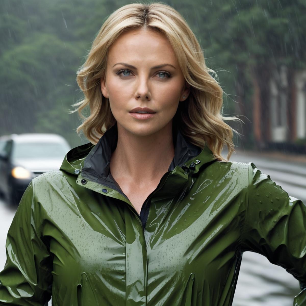 Woman wearing a green jacket and standing in the rain.