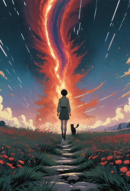A lone figure standing in a field of red daisies, looking up at a dramatic vortex of swirling cosmic energy in the sky. The vortex is filled with multicolor streaks of light and fiery nebula clouds, creating a fantasy-sci-fi atmosphere. Cinematic and awe-inspiring. Painterly, cinematic style with soft brushstrokes and moody atmosphere, inspired by Pascal Campion and Makoto Shinkai. The art style is clean and graphic, with a slightly minimalist composition, muted color pallet, retro cel-shading, vintage halftone, and crisp line work, reminiscent of nostalgic anime with grainy halftone texture and subtle softness evocative of 80s/90s Japanese animation, with some similarities to vintage European poster art.