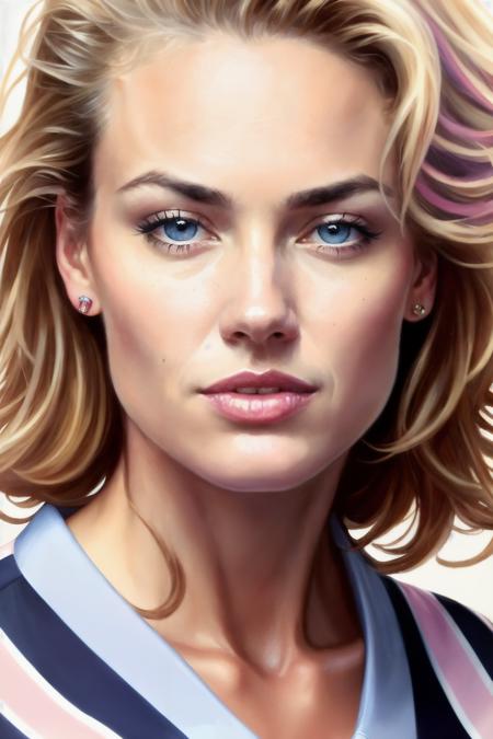 portrait photo of kellyc1,(blue and pink striped shirt), (dirty blonde hair), alluring portrait, intricate, highly detailed, digital painting, artstation, concept art, naughty, sharp focus, cinematic lighting, illustration, art by artgerm and greg rutkowski, alphonse mucha, cgsociety