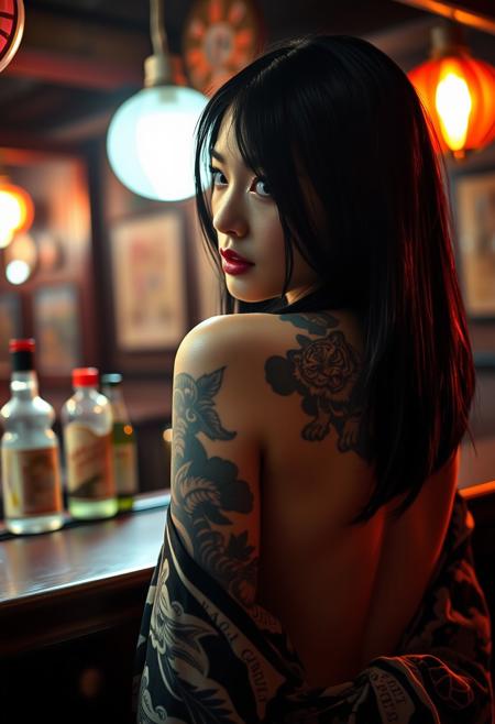 (Soft Lighting Photography by Mimoza Veliu and Mario Giacomelli:1.2), NSFW, A strikingly alluring sexy Japanese girl with sleek black hair adorned with intricate yakuza tiger tattoos sits in a bar, her shiny skin glistening under the dim lights. She is depicted in a photograph, seen from the back while glancing coyly at the viewer, showcasing her beautiful eyes. The scene captures her taking off her kimono, emphasizing the contrast between her delicate features and the edgy tattoo art. The image exudes a seductive yet mysterious vibe, with attention to detail in the composition and lighting, making it a visually stunning piece of art.. Hyperrealistic style with high contrast and saturation, sharp focus