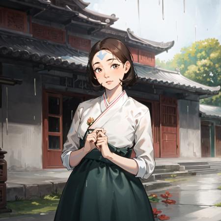 (rainy temple, gorgeous view)
(cowboy shot), sfw, (masterpiece), (best quality:1.0), (ultra highres:1.0), detailed eyes, detailed clothing texture, beautiful face, Jinora posing, hanbok
blue-arrow forehead tattoo
<lora:Jinora_TLOK_V2:0.6>,  <lora:korean, hanbok:0.6>