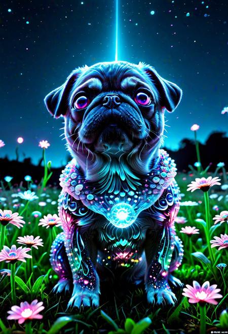 Night scene, night vision aesthetic, crystalz, a cute crystal pug, pink and blue bioluminescent glow, from below, in a field full of glass daisies, sparkling in moonlight, cinematic, cinematic lighting, (masterpiece, best quality:1.4), ultra-high res, 4k, Photorealistic, insanely detailed, sfw