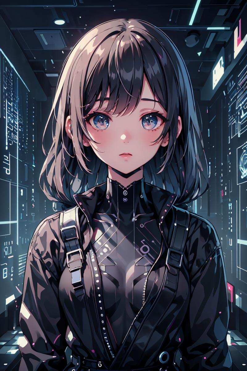 Anime girl with black hair and blue eyes wearing a black shirt.
