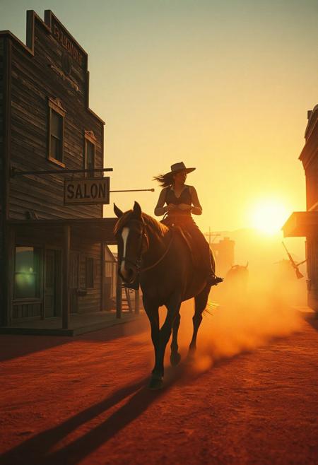 Photorealistic vintage-style scene of a lone cowgirl riding her loyal horse down a dusty red dirt road in a small Western town. The golden-orange flare of the setting sun glows through the haze of kicked-up dust, casting cinematic shadows and warm tones. On the left, a weathered two-story wooden saloon with a swinging sign creaks softly in the wind. On the right, an old bank with shuttered windows and a rusted rifle on display stands still. The atmosphere is tense, quiet, and gritty — like the opening scene of a classic Tarantino Western. The camera slowly pans, capturing lens flares, dust particles, and textures of aged wood and leather.
Style tags (add to prompt or metadata):
photorealistic, vintage film look, 1970s Western, cinematic lighting, golden hour, Tarantino aesthetic, film grain, shallow depth of field, dusty atmosphere, wide-angle, color-graded, retro tone
Negative Prompt: modern buildings, futuristic elements, clean textures, digital look, blurry face, anachronisms