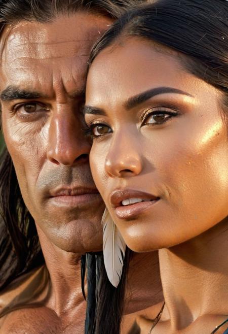 couple in love,Confident warrior incarnation of Pocahontas borrowing from the aesthetic of a Greek Amazon, alluring physique evident, intensely toned muscles and conveyed in 4k ultra-high resolution. Her distinctive traits visible, sharp features etched on the anatomically accurate face, shimmering long hair that cascades down, ears human rather than mythical. Golden hues from dynamic lighting reflecting off her glowing skin, and casting striking shadows. Ad