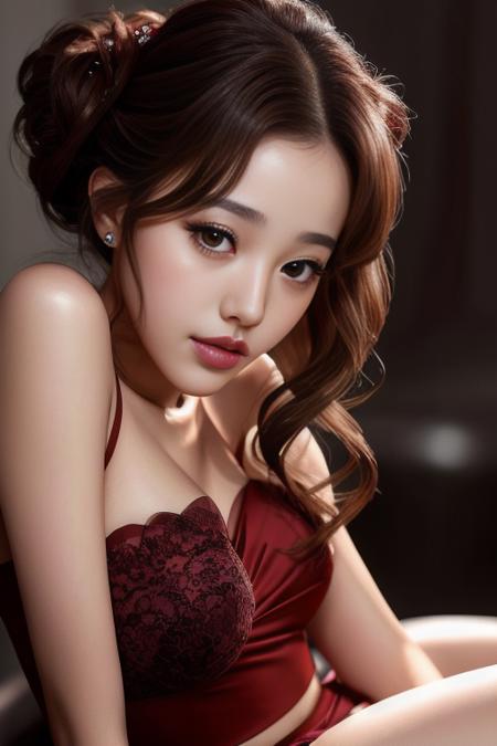 portrait photo of jangwanyoung beautiful woman hair updo upsweep nightclub sitting at bar (masterpiece) (best quality) (detailed) (8k) (HDR) (wallpaper) (cinematic lighting) (sharp focus) (intricate)