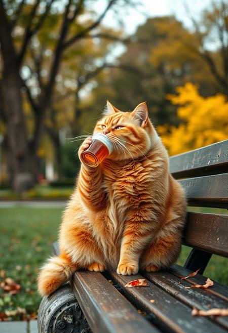 Fat chubby ginger cat sitting on park benxh and drinking beer in park, dynamic angle, warm hues, realistic, photorealism, hd, 8k, high definition, BREAK, score_9, score_8_up, score_7_up, score_6_up