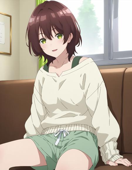 hinami school uniform, collared shirt, white shirt, short sleeves, red necktie, plaid skirt, brown skirt white sweater, long sleeves, green shorts bikini shorts, white bikini, cleavage, navel, denim shorts, blue shorts