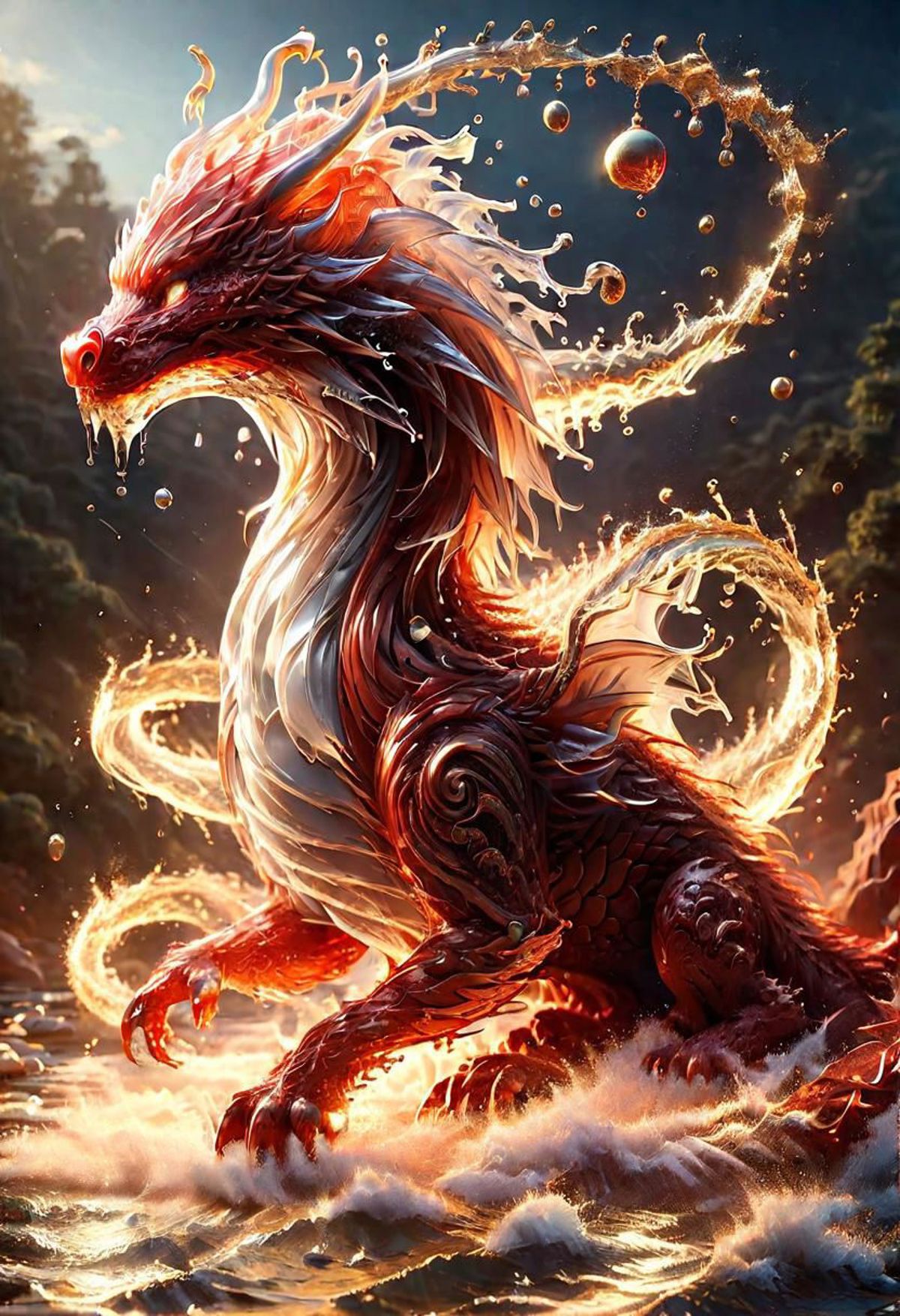 A fiery dragon with a long tail and a red and white body.