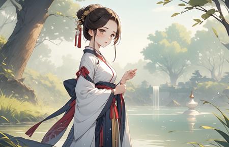 1girl,hanfu,grass,water,tree,