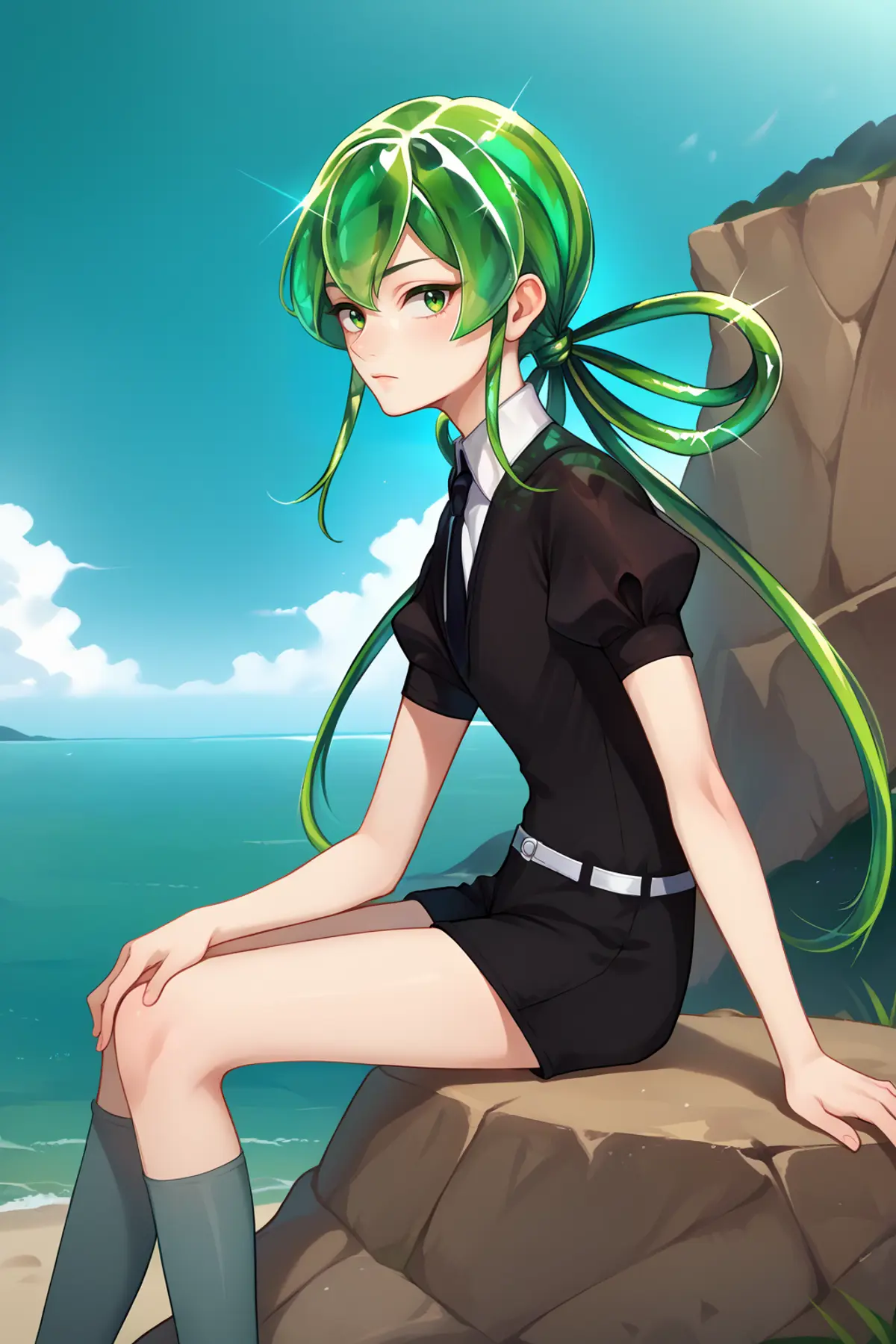 A young woman with vibrant green hair, sitting on a rocky outcropping by the ocean, which stretches out to meet the horizon. She is dressed in a black shirt and shorts, with a white belt at her waist. 