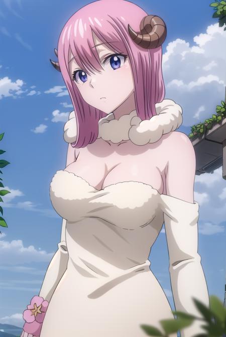 fairytailaries, <lora:aries s7-lora-nochekaiser:1>,
aries, long hair, pink hair, horns, sheep horns, (purple eyes:1.1),
BREAK cleavage, pantyhose, dress, white dress, detached sleeves, 
BREAK outdoors, nature, forest, sky, clouds, sun,
BREAK looking at viewer, (cowboy shot:1.5),
BREAK <lyco:GoodHands-beta2:1>, (masterpiece:1.2), best quality, high resolution, unity 8k wallpaper, (illustration:0.8), (beautiful detailed eyes:1.6), extremely detailed face, perfect lighting, extremely detailed CG, (perfect hands, perfect anatomy),