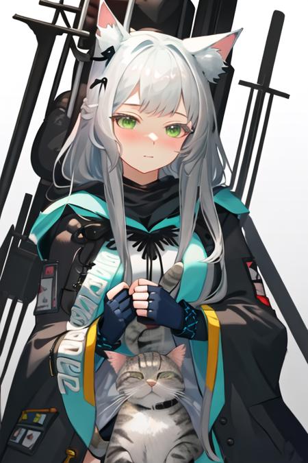 best quality, masterpiece, highres, solo, {rosmontis_arknights:1.15}, animal_ears, cat_ears, long_hair, bangs, green_eyes, animal_ear_fluff, cat_girl, grey_hair, white_hair, closed_mouth, blush, upper_body