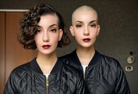 (((Hair makeover))), Before=(Short Wavy Dark Bob Hairstyle), After=((Buzzcut Bald Hairstyle)), two contrasting photorealistic images, 22 yrs Beautiful woman, Buttoned Dress, bomber jacket, (close-up, editorial photograph), [[wide angle photo]], (background inside dark, moody, private study:1.3), full body portrait, by lee jeffries, nikon d850, film stock photograph, 4 kodak portra 400, camera f1.6 lens, rich colors, hyper realistic, lifelike texture, dramatic lighting, cinestill 800,