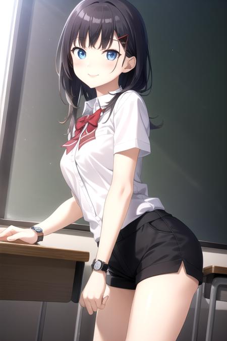 Yoshikiri Tooka very long hair,black hair,hair intakes,hairclip,hair ornament,sidelocks,blunt bangs,blue eyes white shirt,collared shirt,short sleeves,red bowtie,medium breasts,wristwatch,black shorts,socks,shoes