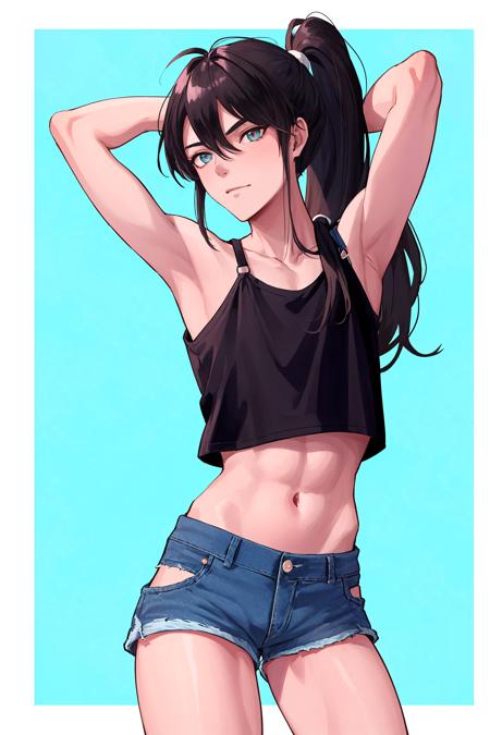 1boy,naxu,long ponytail,Slanted bangs hairstyle,Dan Fengyan,crop top,denim shorts<lora:naxu-4:1>