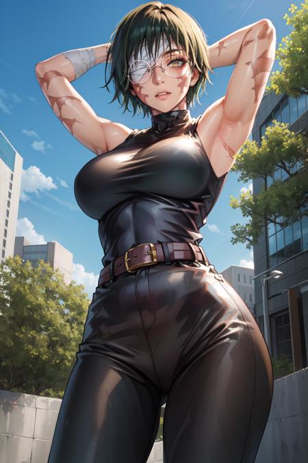 MakiShS1, solo, scar, short hair, 1girl, scar on face, looking at viewer, glasses, burn scar, green hair, sleeveless, belt, pants, bangs, cowboy shot, (from below:1.3), shirt, muscular, bandages, round eyewear, bandage over one eye, breasts, bare shoulders, closed mouth, muscular female, turtleneck, yellow eyes, black pants, black shirt, scar on arm, parted lips, black clothes, sleeveless shirt, large breasts, high-waist pants, outdoors, sky, blue sky, clouds, trees, buildings,   arms behind head, arms up, <lora:MakiShS1:0.8>
BREAK
masterpiece, best quality, highly detailed background, perfect lightingbest quality, ((shiny skin, glossy skin, detailed skin))