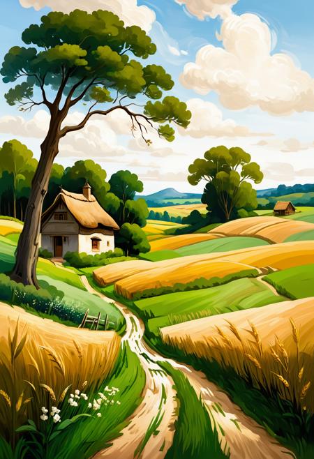 A serene summer landscape painted in the style of 19th-century classical realism: golden wheat fields swaying in a gentle breeze, a dirt path leading to a rustic wooden cottage with a thatched roof. In the background, a deep green forest meets a vast sky filled with soft cumulus clouds. A herd of cows grazes in the distance, while an old fisherman in a wide-brimmed hat sits by a quiet stream. Earthy color palette with warm sunlight, delicate brushwork, and naturalistic chiaroscuro. Evokes the pastoral tranquility of Jean-Baptiste-Camille Corot or Ivan Shishkin’s masterpieces—soft edges, atmospheric depth, and timeless harmony with nature