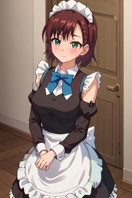 best quality, masterpiece, highres, solo, {maid:1.40}, {long maid dress:1.15}, {sana_kuranaka_onichichi:1.15}, short_hair, brown_hair, blush, hair_ornament, hairclip, green_eyes, breasts