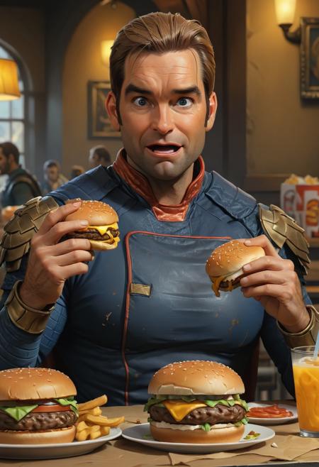 <lora:Antony_Starr:0.8> Antony Starr,  eating a burger, by justin gerard and greg rutkowski, digital art, realistic painting, dnd, character design, trending on artstation