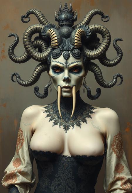 Medusa, oriental damask ornaments, in the style of restrained palette, distressed materials, realistic color schemes, hieratic visionary, figura serpentinata, nicola samori, bold yet graceful , alexander McQueen fashion costume style, oil painting style