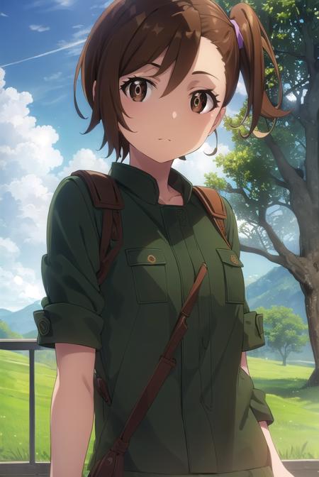 shinokuribayashi, <lora:shino kuribayashi s1s2-lora-nochekaiser:1>,
shino kuribayashi, short hair, brown hair, (brown eyes:1.7), side ponytail,
BREAK uniform, military, military uniform, (green uniform:1.5),
BREAK outdoors, forest, nature, sun, sky, clouds, trees, grass,
BREAK looking at viewer, (cowboy shot:1.5),
BREAK <lyco:GoodHands-beta2:1>, (masterpiece:1.2), best quality, high resolution, unity 8k wallpaper, (illustration:0.8), (beautiful detailed eyes:1.6), extremely detailed face, perfect lighting, extremely detailed CG, (perfect hands, perfect anatomy),