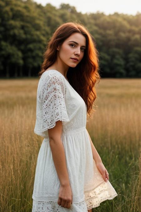 A realistic photograph of a young woman with long, wavy red hair standing in a sunlit meadow. She is wearing a light white dress with a delicate, subtle pattern. The scene is set outdoors in a lush green field, with the sunlight streaming through the trees in the background, creating a warm and dreamy atmosphere. The woman is looking directly at the camera with a calm and serene expression. The lighting is natural, highlighting her hair and the tranquil beauty of the surrounding landscape.