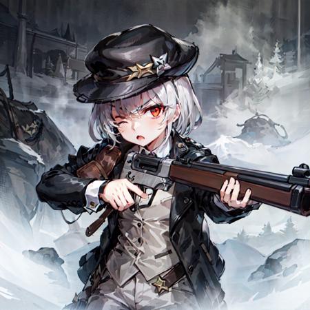 Masterpiece, high quality, (leveraction:1.2), antique firearm, 1girl, white hair, red eyes, hat, aiming at viewer, one eye closed, detailed face, bangs, dust, smoke, fog, holding weapon, trigger discipline, dark, annoyed, angry, tall, lean <lora:leveractionrifle-AOM2:0.8>