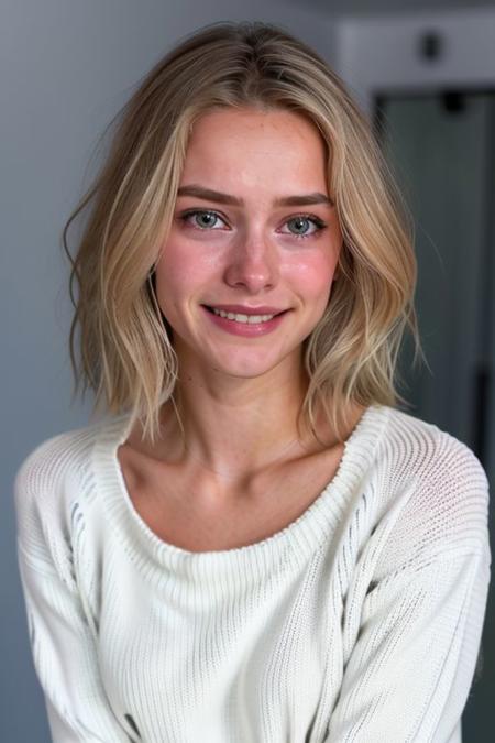 (face like emmatopdown),  body like goose_fit_girl,
blonde hair, athletic body,  eyecandy, desirable, 
(tiny breasts), beautiful green eyes, fit body,
 realistic,  
(wearing oversized white sweater ),
nervous, tiny smile, 
 (tears in eyes,( tears running down face,) ) 
Crying,
