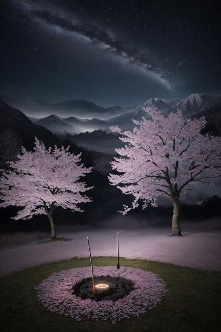(masterpiece), (best quality), a lone katana stuck in the ground near a cherry blossom tree under a dark sky, Halleyâs Comet blazing across the horizon with a glowing trail, moonlight reflecting off the katana blade, petals falling slowly, mist around the mountains, spiritual and emotional atmosphere, ultra-realistic, epic composition, PixCReal style