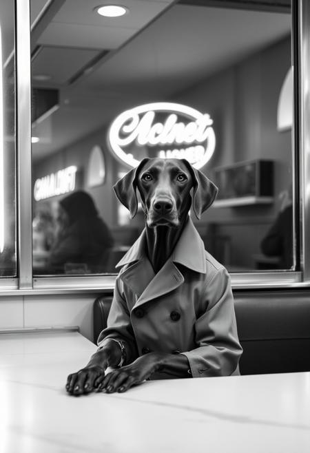 A Weimaraner in a trench coat sitting alone at a diner counter, neon lights reflecting in the window, conceptual photography, urban melancholy, surreal humor, candid street scenes, anthropomorphic figures, poetic irony, black-and-white aesthetic, emotionally charged compositions, experimental framing, subdued tones, visual storytelling, expressive body language, absurdity within realism
