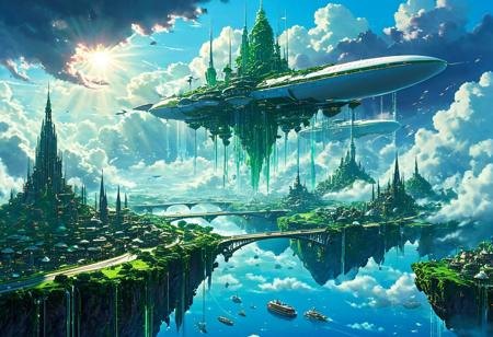 Image is a digital artwork, Floating Islands in the Sky "Envision an awe-inspiring floating city suspended amidst the clouds, where lush green landscapes rest atop gigantic floating islands connected by sleek, futuristic bridges. Below the floating behemoths, vast stretches of crystalline rivers cut through the verdant earth. Towering spires rise from each island, shrouded in mist, their bases held up by massive chains that stretch into the heavens. The city glows with an ethereal beauty, as natural and mechanical elements intertwine to create a paradise that hovers gently above the world. The sky is vibrant with swirling clouds, as airships and flying vehicles dart between the islands.",cyberpunk. (Studio Ghibli)