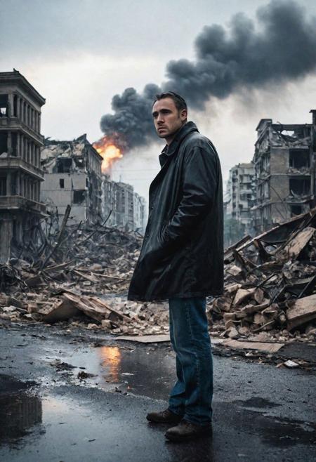 Photo of a man who is standing looking at how his city has been destroyed by a nuclear bomb. He has just arrived at the disaster and observes the horror of the destruction, ruined buildings full of smoke and flames, ground full of rubble with skeletons lying around In the dawn light floods the scene, the man is completely dressed in normal clothes and wet, he is dirty, everything is a disaster, the sky is cloudy and it is raining, , Fujifilm XT3,film still,film grain,cinematic,soldier accessories,war style, professional photo,best quality and best aesthetic,Award-winning artistic photos,Outdoors,public places,defeated posture, ( detailed in background:1.6)Serious,Curi