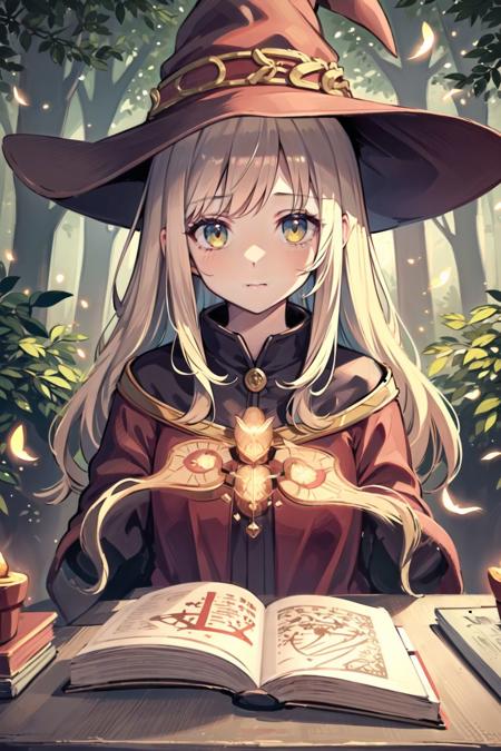 masterpiece, best quality, ultra-detailed, portrait of a young witch reading a magic book, soft delicate beautiful attractive face with enchanting hazel eyes, flowing robes in rich shades of burgundy and gold, pointed hat adorned with feathers and gemstones, ancient runes inscribed on tree trunk, lush forest background with shimmering sunlight peeking through branches, (fluttering leaves and twigs: 1.05), (mysterious owl perched on branch: 1.1), (glimmering fireflies: 1.15), (magical runes and symbols surrounding witch: 1.2)
 <lora:txyden-:1>