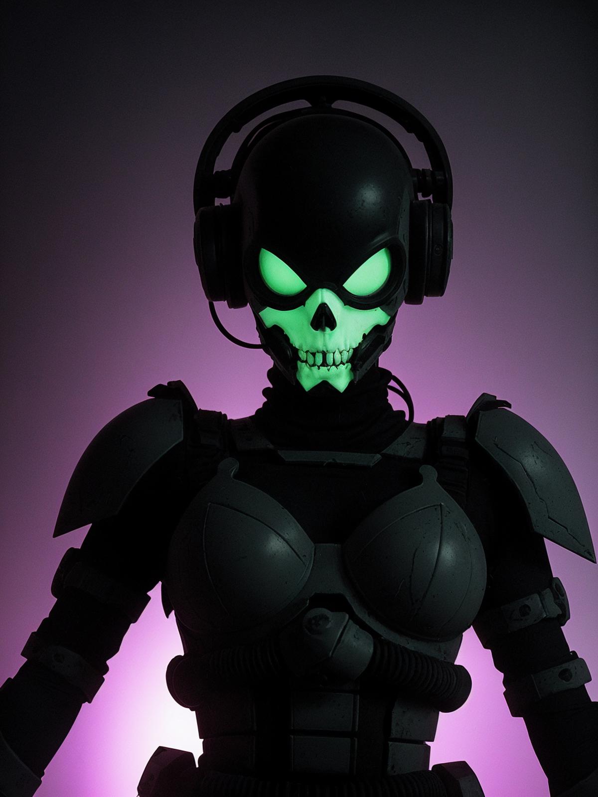 A skeleton with green glowing eyes and a headset on its head.