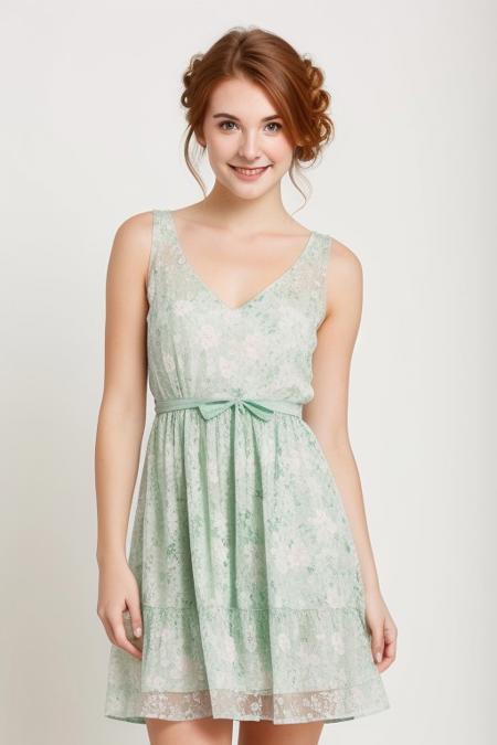 HD, perfect quality, 16k, very detailed,  a beautiful 21yo college girl with ginger hair in an updo, pale skin, wearing a calico floral dress, pink fleckes, green eyes, slim, detailed skin, hair behind ear, smiling proudly, standing in front of white background, pulling her dress off