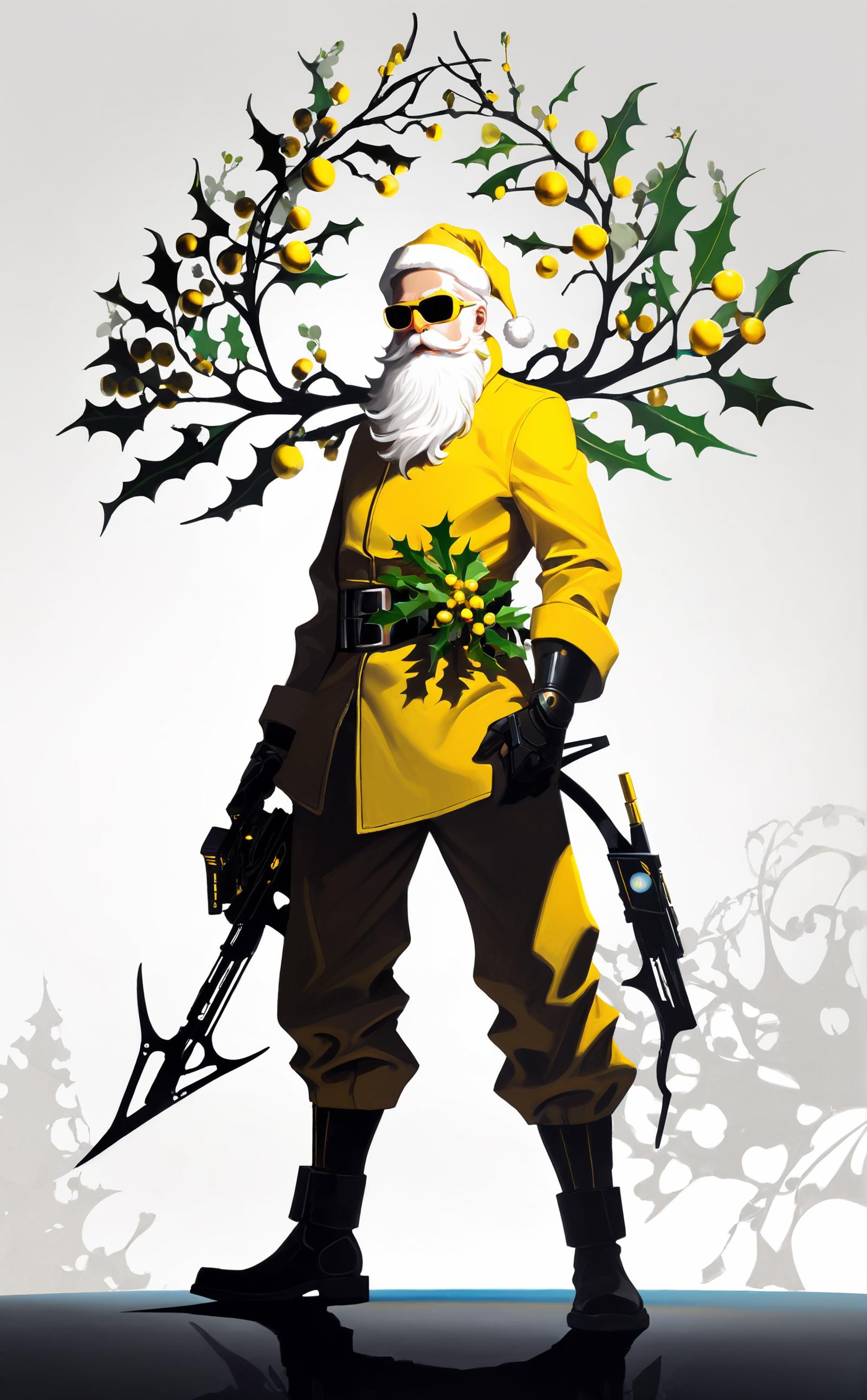 A cartoon drawing of a man wearing a yellow coat and sunglasses, holding a gun and a holly branch.