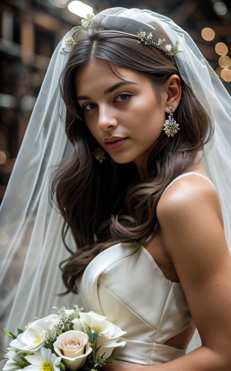 cinematic film still robot, mechanical arms, ((bright neon colors)), (top-quality, 8K, masterpiece:1.3) 1girl, bangs, bare_shoulders, blurry, blurry_background, blurry_foreground, bokeh, bouquet, bridal_veil, bride, daisy, depth_of_field, earrings, eyelashes, flower, frills, leaf, lily_\(flower\), lips, long_hair, maid_headdress, mole, mole_under_eye, motion_blur, nose, sleeveless, solo, veil, wedding_dress, white_flower, white_rose,, in an old workshop taken with a macro lens highly detailed, detailed skin, warm ambient lighting <lora:Niji:1> mecha . shallow depth of field, vignette, highly detailed, high budget, bokeh, cinemascope, moody, epic, gorgeous, film grain, grainy