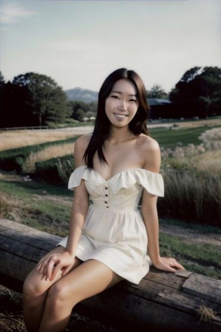 An 18-year-old young Korean woman, <lora:pornpolaroidphoto_V2:0.8> braided hair ,dressed in Off-Shoulder Sundress, standing in a rustic farm setting. She has a soft, gentle smile, expressive eyes and sexy cleavage. The background features a charming barn, fields of golden wheat, and a clear blue sky. The composition should be bathed in the warm, golden hour light, with a gentle depth of field and soft bokeh to accentuate the pastoral serenity. looking at viewer, Polaroid SX-70,pornpolaroidphoto style, (((exposing legs))), long legs, beautiful legs