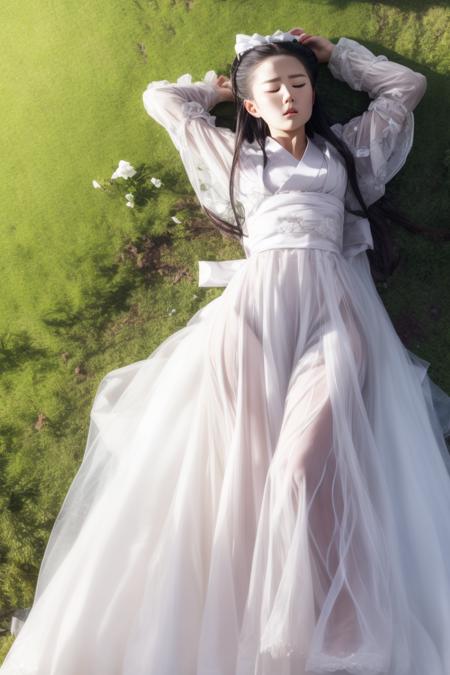 masterpiece, best quality,detailed face,
1girl,solo,((full body)),white hanfu,white hair ribbon,
on back, lying, on grass, sleeping, closed eyes, closed mouth, 
<lora:add_detail:0.35> <lora:xiaolongnv_20230601155437:1>