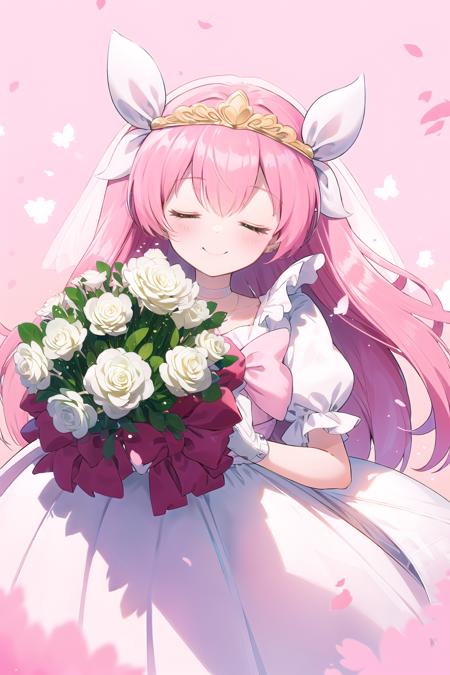 best quality, ultra-detailed, (1girl, solo, <lora:hanasaki-momoko_wedding-dress-form-v1:1>, hanasakimomoko-wd, pink hair, white wedding dress, puffy short sleeves, holding a bouquet, smile, close eyes), in  forest