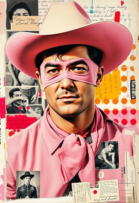 A pop art style mixed media collage artwork. Deconstructed, provocative, erotic, surreal, intense and chaotic composition. Street art textures and vibrant retro colours.
A torn clippings of a worn magazine photo of The Lone Ranger - A man in his 30s with a strong, clean-shaven face and a determined expression. He wears an iconic cowboy outfit: a light pink wide-brimmed hat with a silver band, a pink domino mask covering his eyes, a light pink collared shirt and matching neckerchief, and a fitted pink vest.  Focus on face. Torn edges.
Overlaying this are multiple layers of black-and-white Holywood imagery, handwritten letters, bold paint splashes, and chaotic magazine cutouts. Partially covering her, these break up her outline
Next are layered sections of repetitive brightly coloured dots are spraypainted in Yayoi Kusama style. 
On top of this are 1950s magazine cutouts and clippings of hunky beefcake men in bathing costumes, and torn vintage holiday postcards with handwritten messages are glued to the layers. This partially hides sections of the images below. 
On the top layer are rough hand-drawn letters and love hearts scrawled heavy-handedly in blue biro onto print.