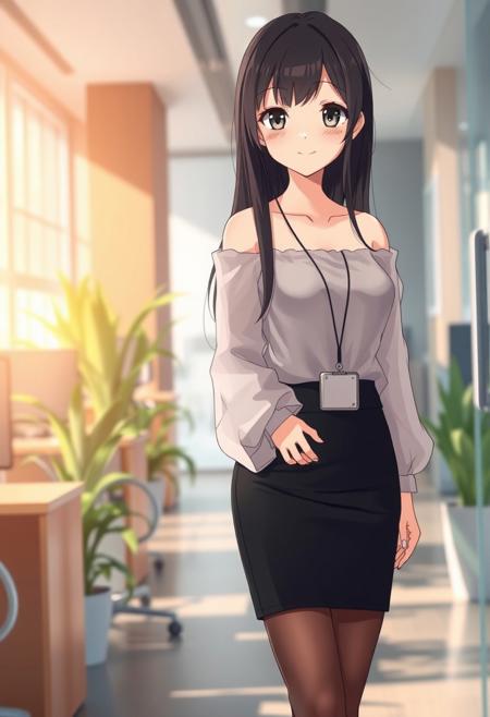 Anime-style shy and beautiful young female secretary standing in a modern office during the day. She has long, smooth black hair and gentle eyes, looking slightly down with a shy smile. She wears an elegant off-shoulder summer transparent thin blouse without straps, with long flowing sleeves, slightly sheer and soft, tucked into a  black pencil transparent very mini think skirt that ends just above the knees. She also wears thin, transparent black stockings and modest black heels. A small ID badge hangs subtly at her waist, adding to her reserved posture. Her cheeks are slightly flushed, giving a blushing expression as she stands near the office entrance, uncertain where to go. Background includes bright natural lighting, indoor plants, office desks, and soft shadows. The overall tone is warm and welcoming, with a soft-focus anime style and subtle bokeh effect in the background. Full-body composition, delicate lighting, cinematic mood.