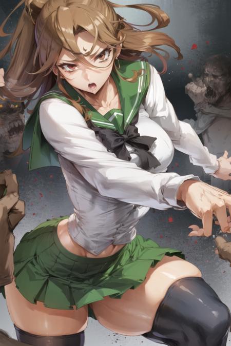 <lora:miyamoto_rei_v1.0:0.6> , green sailor collar, long sleeves, white shirt, black bow, green skirt, brown hair, brown eyes, hair between eyes, ponytail, long hair, black thighhighs,  <lora:NAI-cutesexyrobutts:0.8>
fighting stance, foreshortening,  zombies, pov hands,, masterpiece, best quality, highly detailed