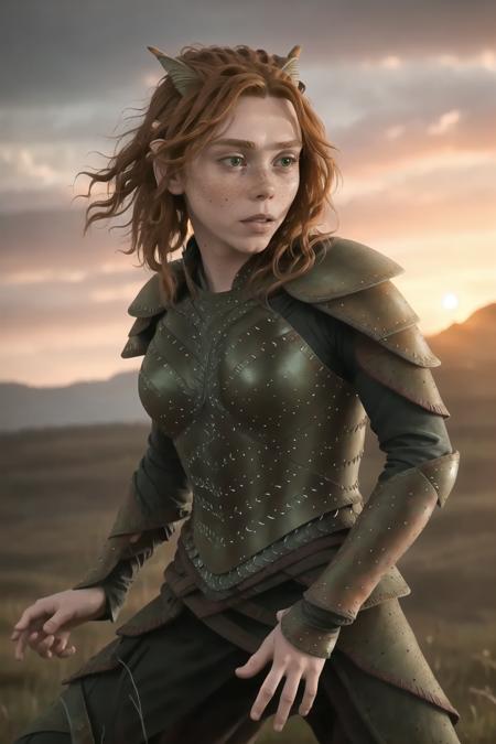 <lora:doricv2:1.3>,doric,armor,freckles,(extremely detailed), full body shot photo of the most beautiful artwork in the world, beautiful women, sunset, Intricate, High Detail, realistic, green eyes, brown hair