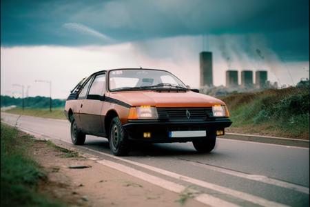 analog gloomy photo of a red Renault Fuego car, <lora:fu3g0:1>, escaping the city at night, urban ruins in the background, apocalyptic, war, fire and smoke, traces of missiles in the sky, explosions in the back, High Detail, Sharp focus, ((photorealism)), flares, realistic, best quality, 8k, award winning, dramatic lighting, epic, cinematic, masterpiece, depth of field,