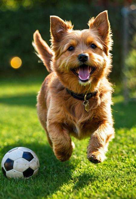 Norfolk Terrier, 
mid-tumble over a well-worn football, 
tongue lolling out in a wide grin, 
evening golden light casting elongated shadows, 
playful scene unfolding in a lush, 
green backyard, 
focus on gleeful expression, 
fur texture detailed, 
dynamic motion blur emphasizing playfulness, 
shallow depth of field with bokeh effect in background, 
sun flare, 
digital painting, 
vibrant color palette, 
high resolution.