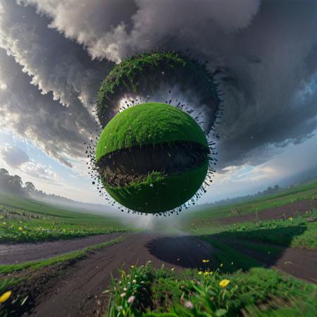 anime key visual, majestic, eye-level shot of a Upside down Asymmetrical ("The Whirlwind of Instinct":1.3) , lush flower field and Asteroid in background, Foggy conditions, equirectangular 360, Fine art, Tranquil, Nintencore, Indirect light, telephoto lens, Monochrome, expressive brush strokes, Instagram, trending on artstation, arthouse